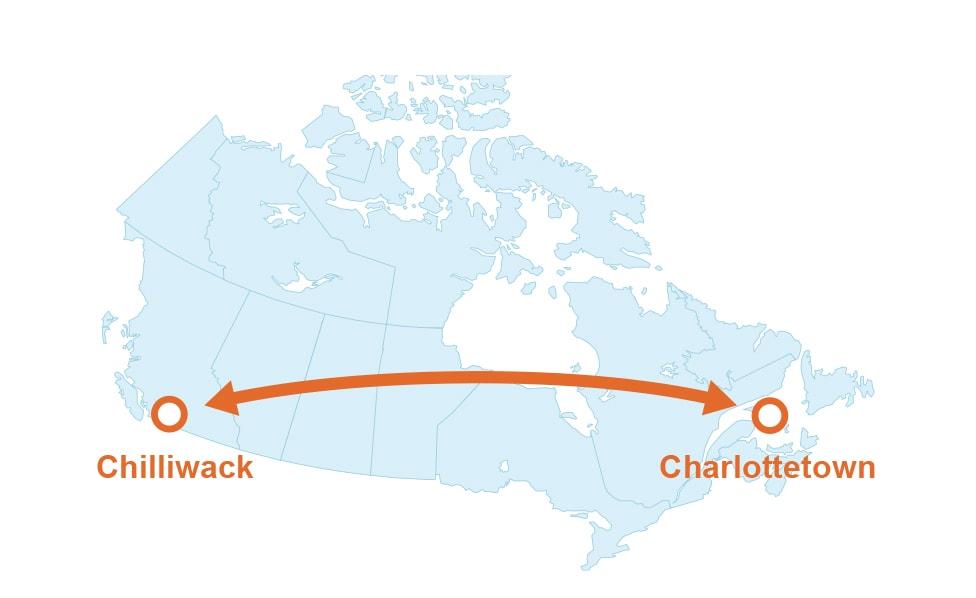 Carte illustrant la distance qui sépare Chilliwack de Charlottetown